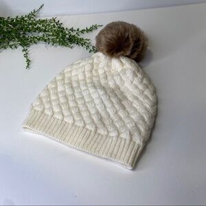 J. Crew Ivory Colored Knit Beanie Hat With Faux Fur Pom-Pom One Size